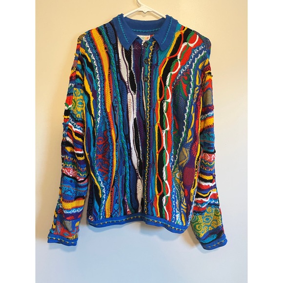 Vintage 1980s Coogi Australia Rainbow Textured Cosby Biggie Collared Sweater M